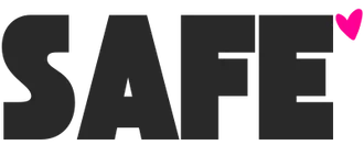 The word 'SAFE' in bold, white capital letters inside a dark navy blue circle, with a small pink heart above the letter 'E'.