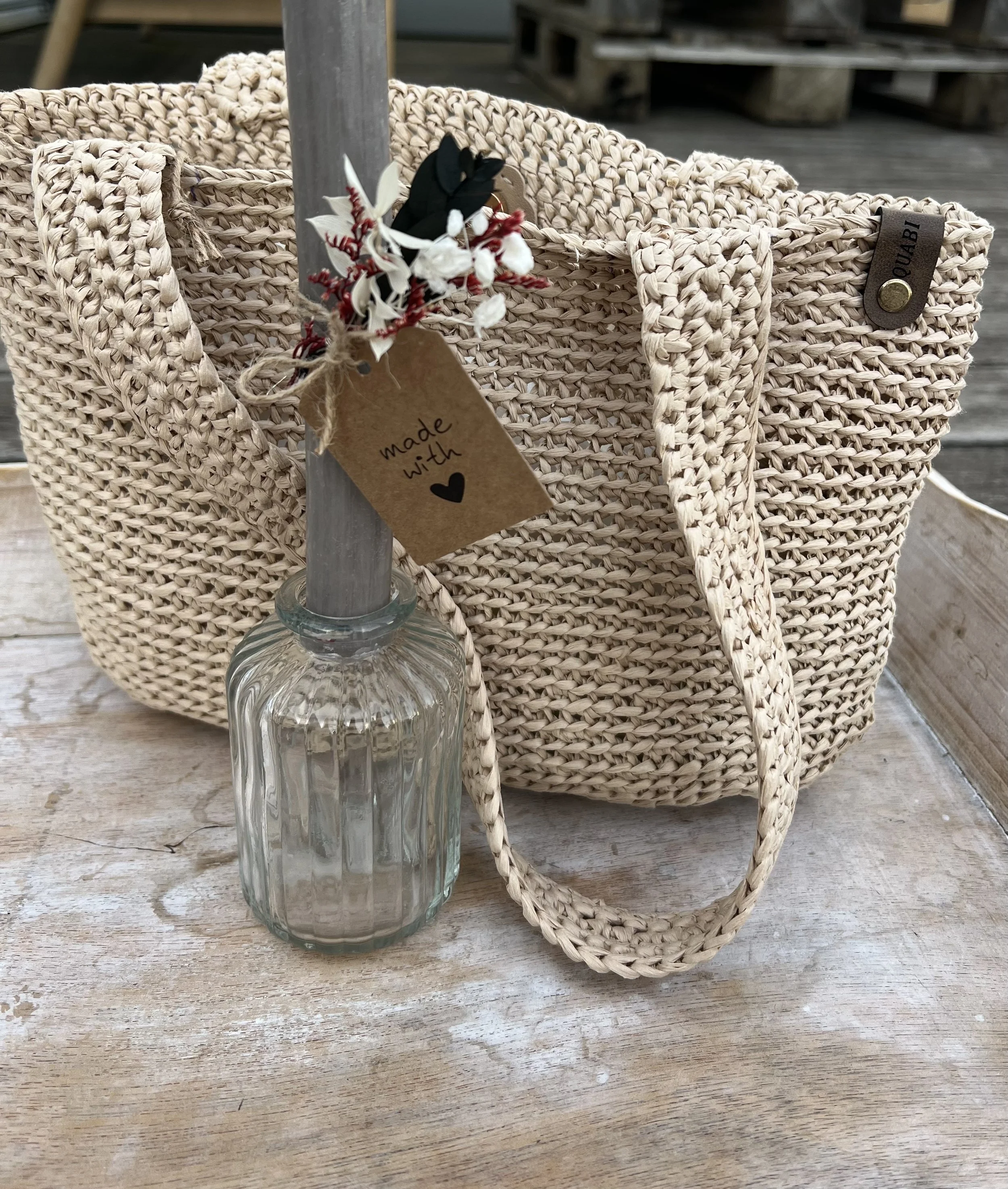 HELLBEIGE  HÄKELTASCHE AUS BAST.