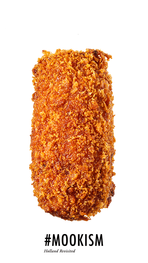 A close-up of a fried food item, possibly a croquette or fried roll, with a golden-brown crispy breaded exterior, against a white background with the hashtag #MOOKISM and small text 'Holland Revisited' underneath.