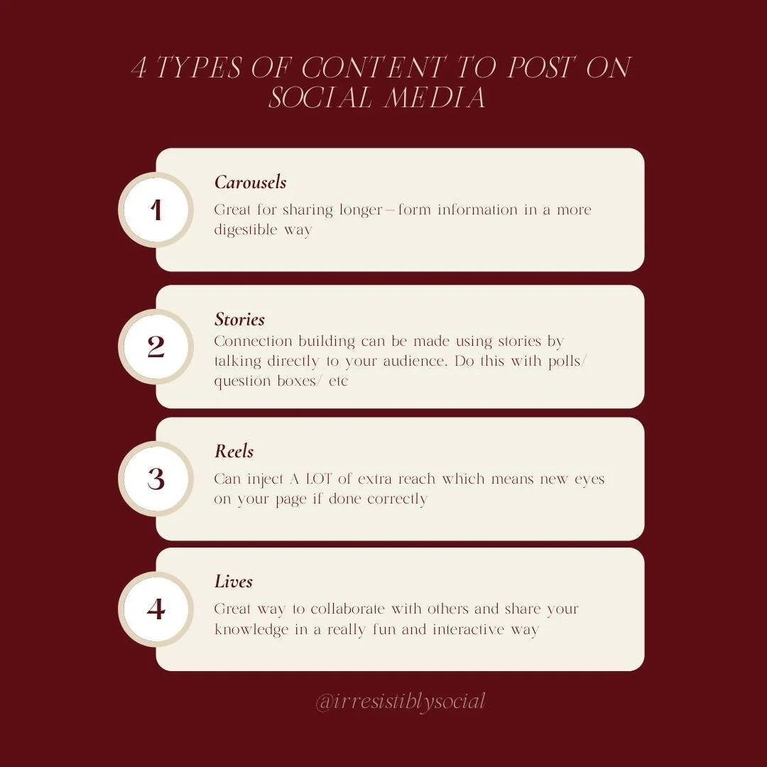 Different goals call for different post types, let's make this simple.⁠
⁠
⚡️ Carousel posts should be used to share more long-form, and value/education-driven content that is too dense to fit into caption form. This is a great way to position your pa