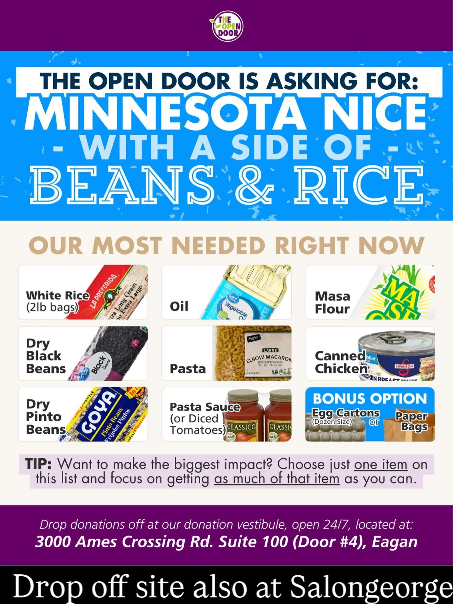 Join us in helping our neighbors in need during these challenging times. We are continuing our food and personal hygiene items drive. If you are looking for a little Mn Nice- stop by and donate! We appreciate it and love you for it! 
Team SG❤️
@opend