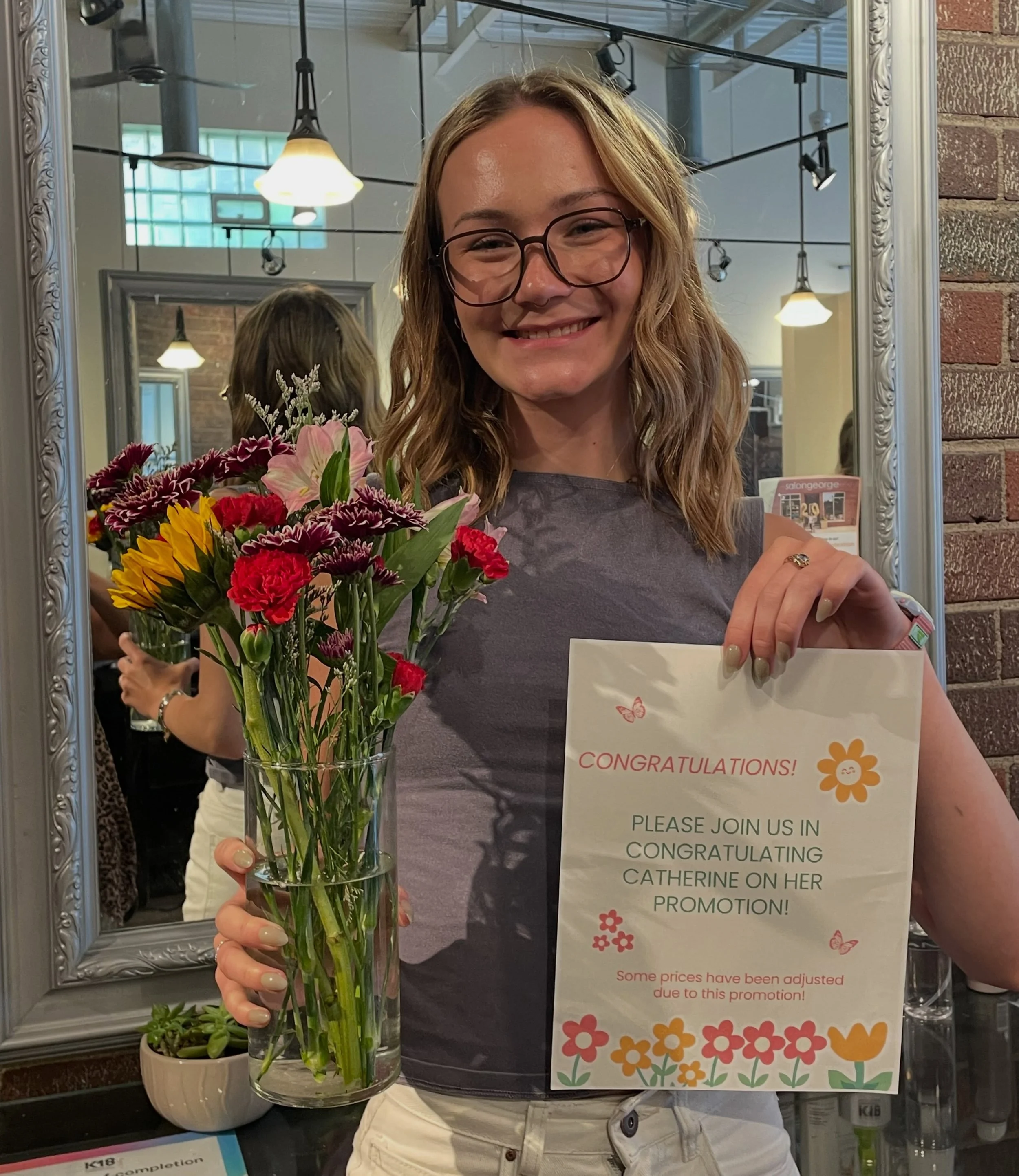 Please help us Congratulate Catherine on her promotion! She has such great qualities to be your next stylist! Great customer service, attention to details, artistic eye, and an abundance of kindness. We are so proud of her accomplishments! 👏👏👏

(S