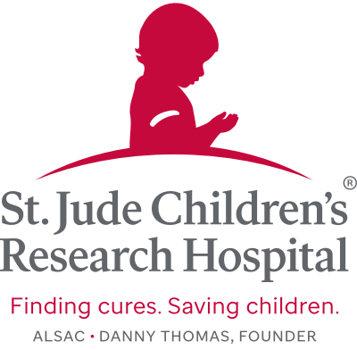 Silhouette of a child reading a tablet, with the logo and name of St. Jude Children's Research Hospital, and the tagline 'Finding cures. Saving children.'