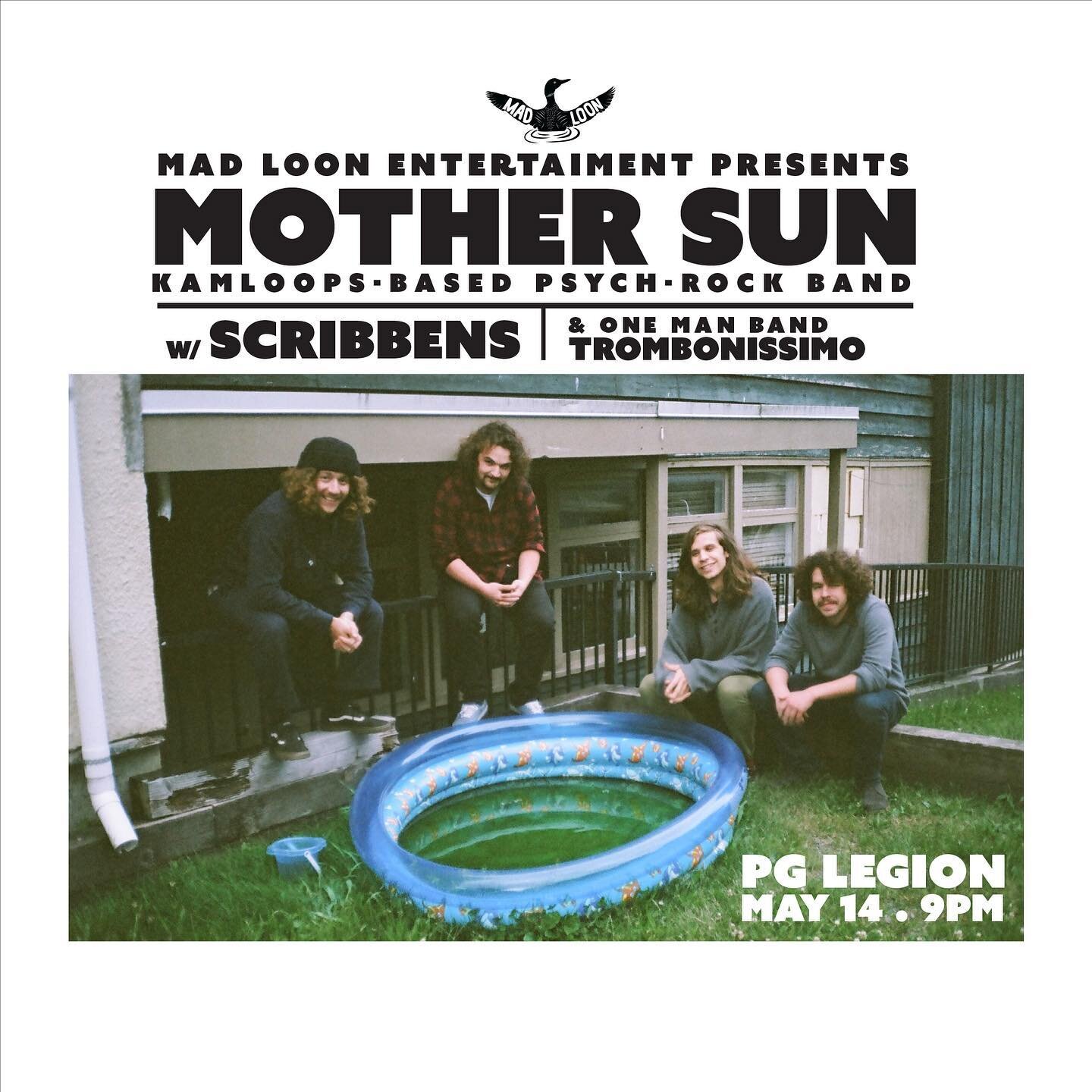 Psych-rock band @mothersunmusic is coming to PG! May 14th with one-man-band @trombonissimo_sound and local progressive punk-rock-poets @scribbensband .  Tickets in bio.
.
@legion43pg #princegeorgebc #madloon #takeonpg #psychrock #mothersun @cfuradiof