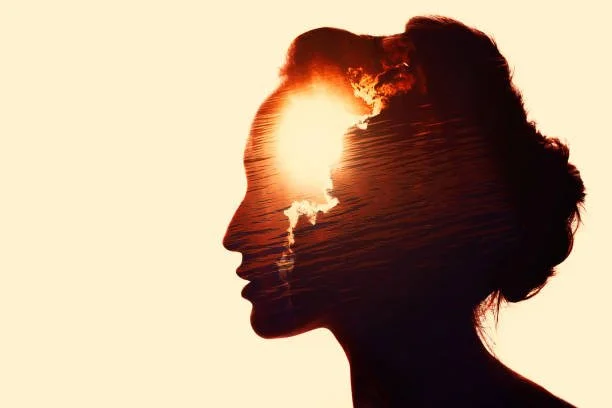 A silhouette of a woman's profile with a double exposure effect showing a sunset over water inside her head, evoking the inner mental and emotional experience of living with chronic illness.