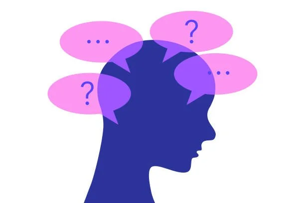 Illustrated silhouette of a woman's head in dark blue with pink speech bubbles containing question marks floating above, representing unanswered questions and the experience of being dismissed or unheard.