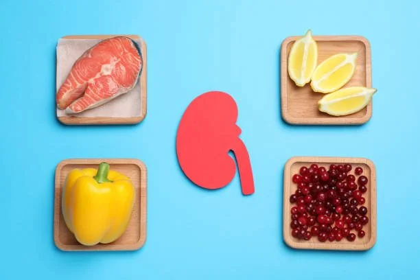 A red paper kidney cutout surrounded by four wooden trays of kidney-friendly foods: salmon, lemon slices, a yellow bell pepper, and red cranberries on a light blue background.