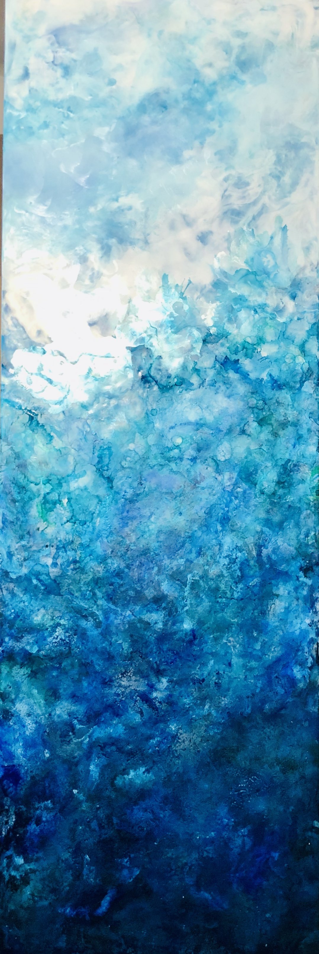 EFFERVESCENT 12 x 36" Encaustic wax and Alcohol Ink. Custom painted blue frame $280. Bookmarks available $275