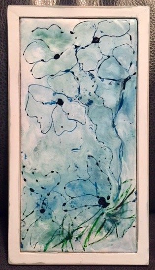 AIRY. 5 1/2 x 10" Encaustic Wax and ink painting in white over blue distressed chalk paint frame
NFS