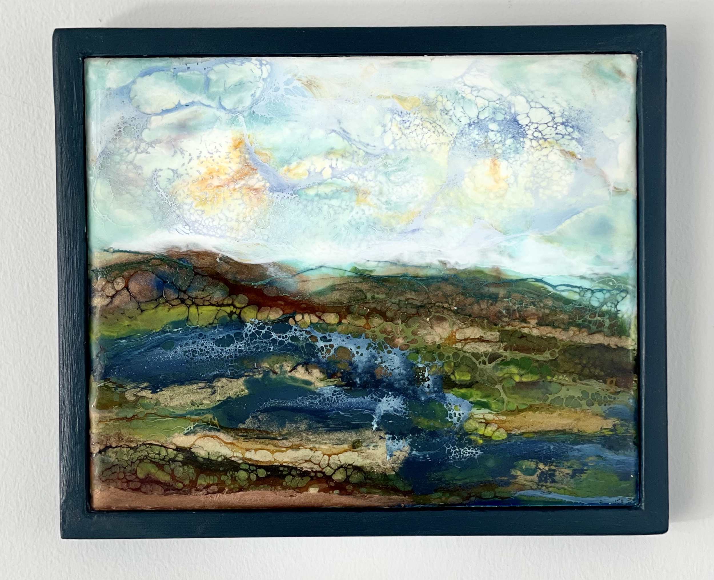 SUN AND SWAMP 5 1/4 x 6 1/4" Encaustic Wax and Shellac burn with custom blue frame $65 SOLD