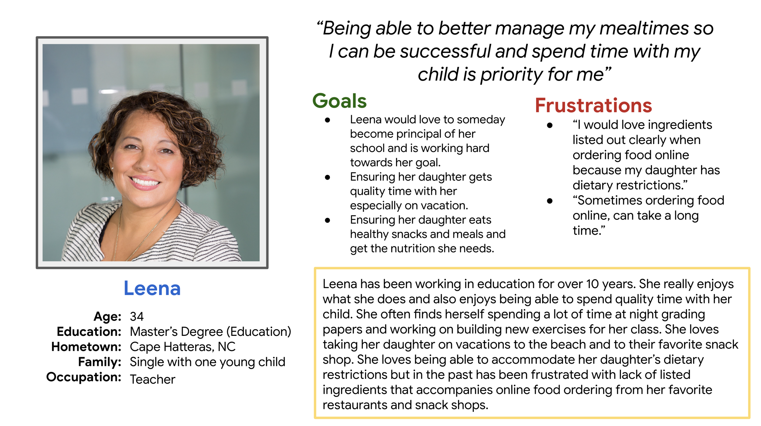 Image of persona card of a woman named Leena. Includes goals, frustrations and some stats about Leena.