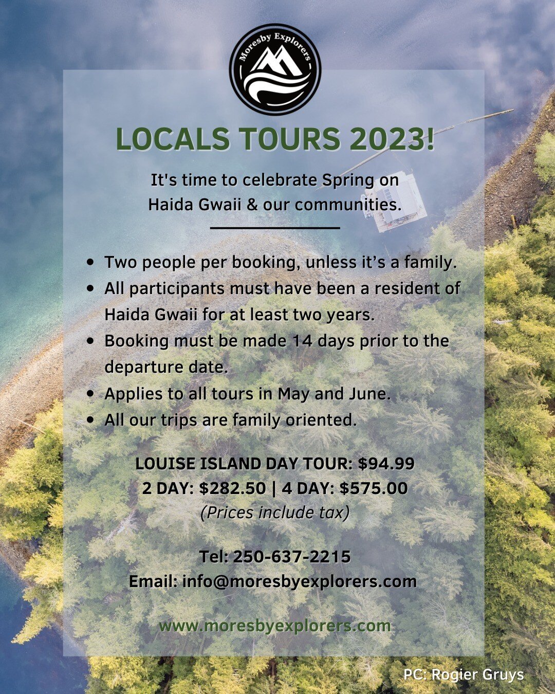 📣 Our Locals Tours are back! 📣

It's time to celebrate Spring on Haida Gwaii and our communities. 

The details:

- Two people per booking unless it&rsquo;s a family.
- All participants must have been a resident of Haida Gwaii for at least two year