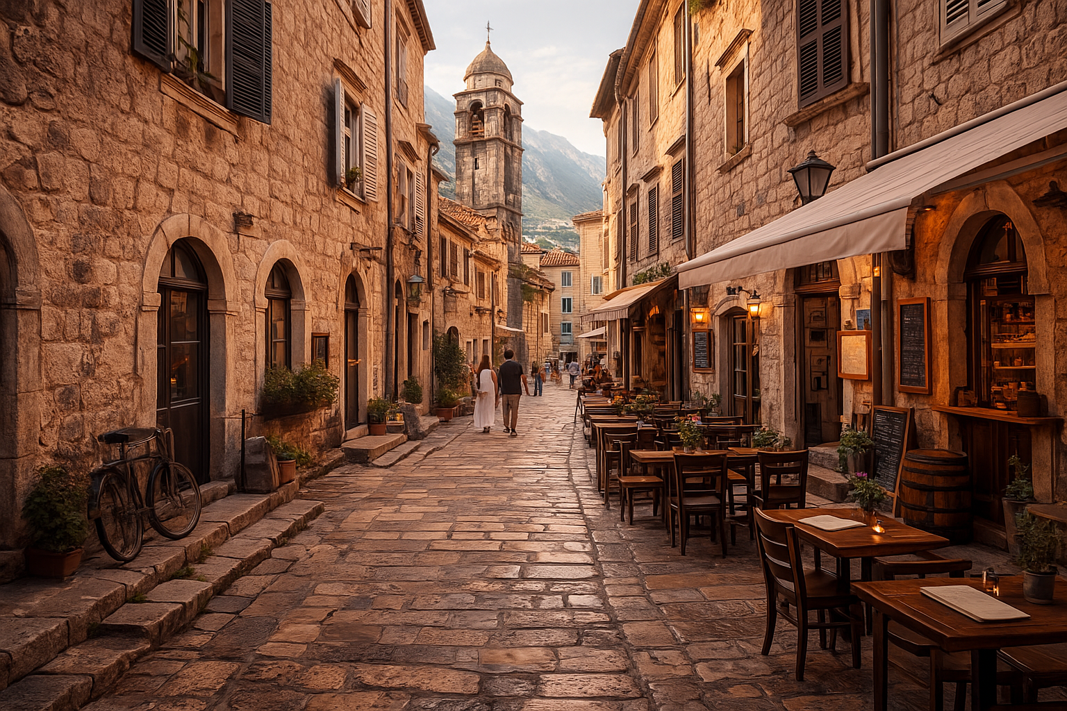 “Stone streets and historic buildings inside Kotor Old Town, Montenegro.”
