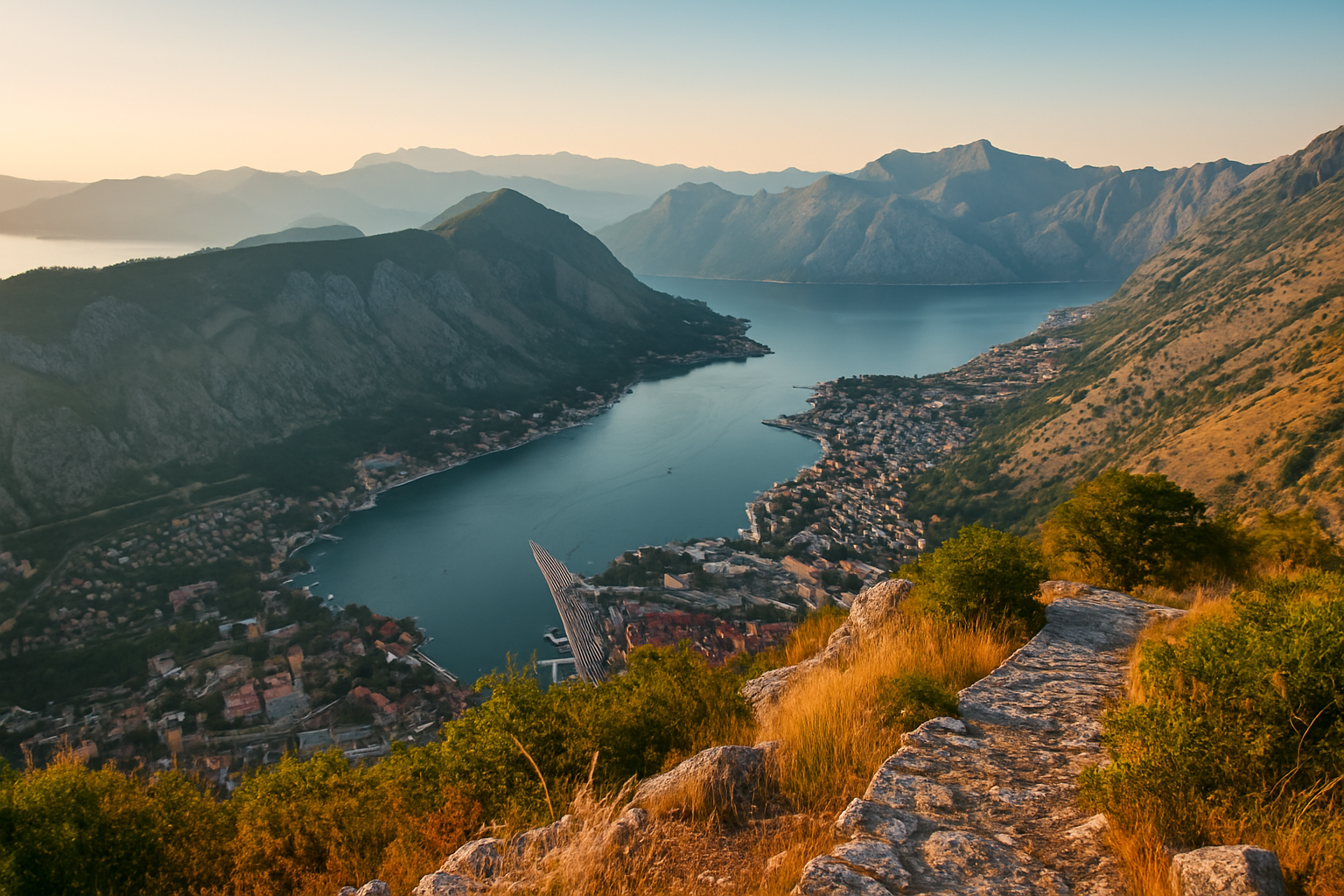 Panoramic view of Kotor Bay with mountains and blue Adriatic water in Montenegro