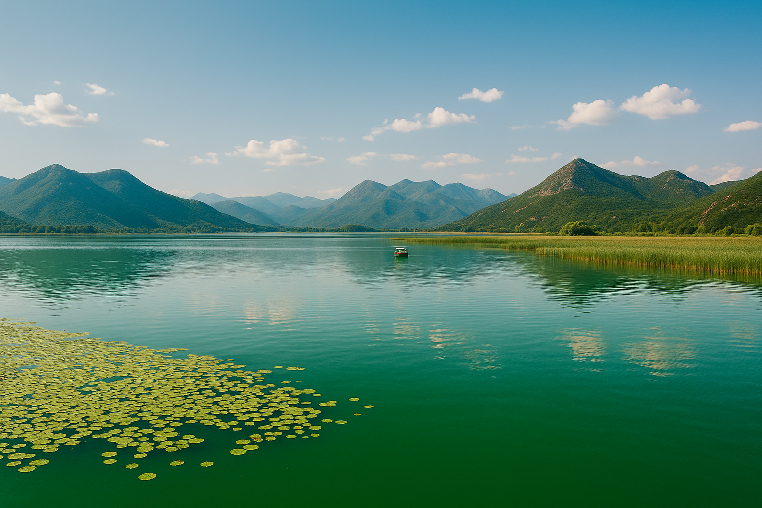 “High-resolution photograph of Lake Skadar in Montenegro featuring tranquil green water, floating lily pads, wetlands and mountain scenery. A popular destination for boat tours, wildlife watching and national park experiences.”