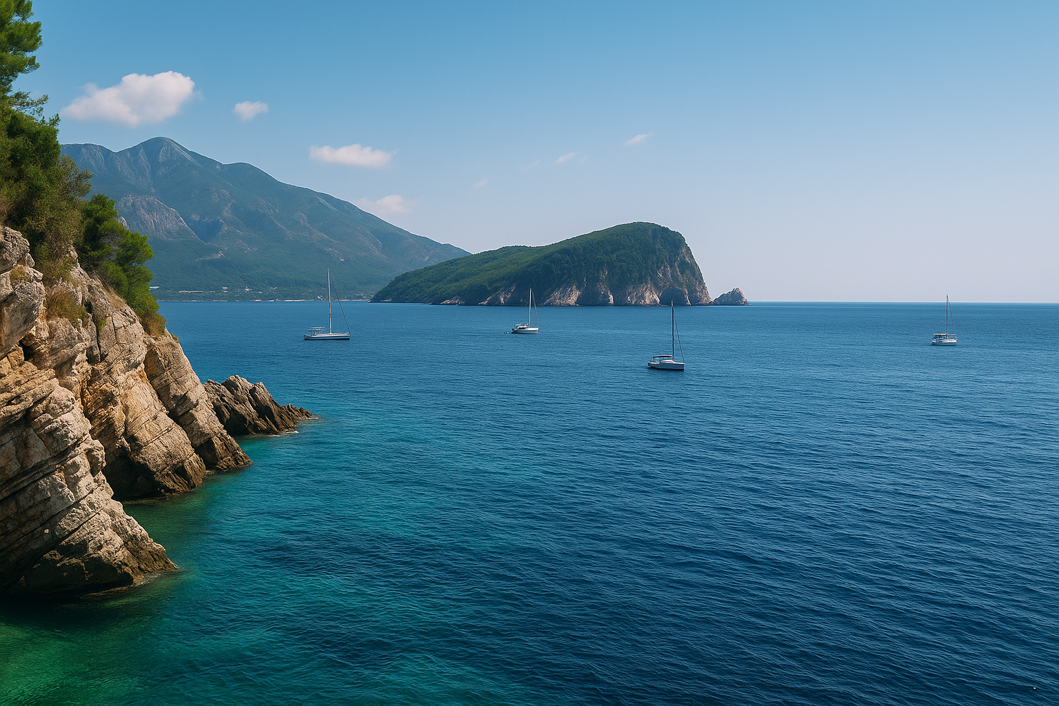 “Adriatic Sea coastline with sailboats, turquoise water and steep rocky cliffs Montenegro.”