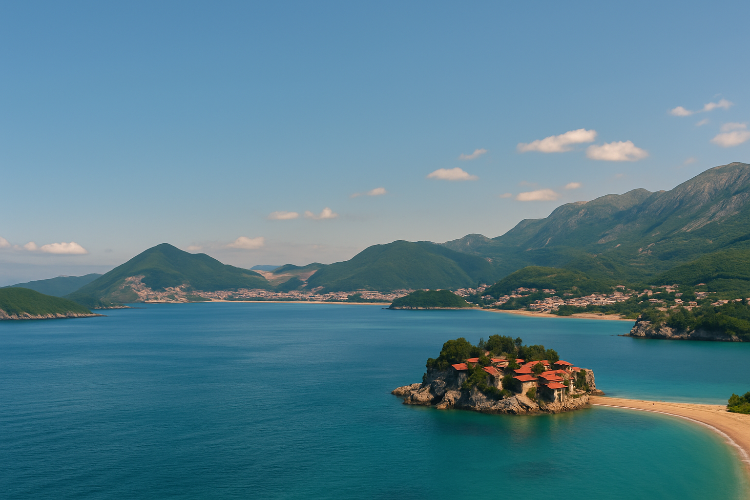 “Panoramic aerial view of the Adriatic Sea in Montenegro featuring turquoise water, rugged green mountains, and the historic island of Sveti Stefan on a sunny day.”