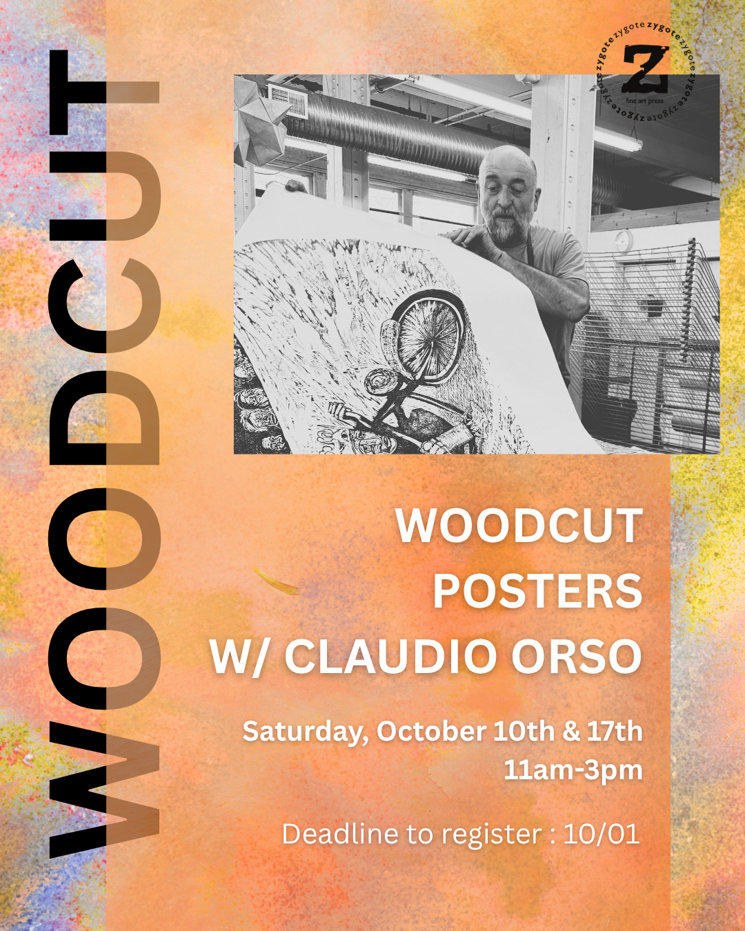 Orange advertisement for a printmaking workshop with artist Claudio Orso.