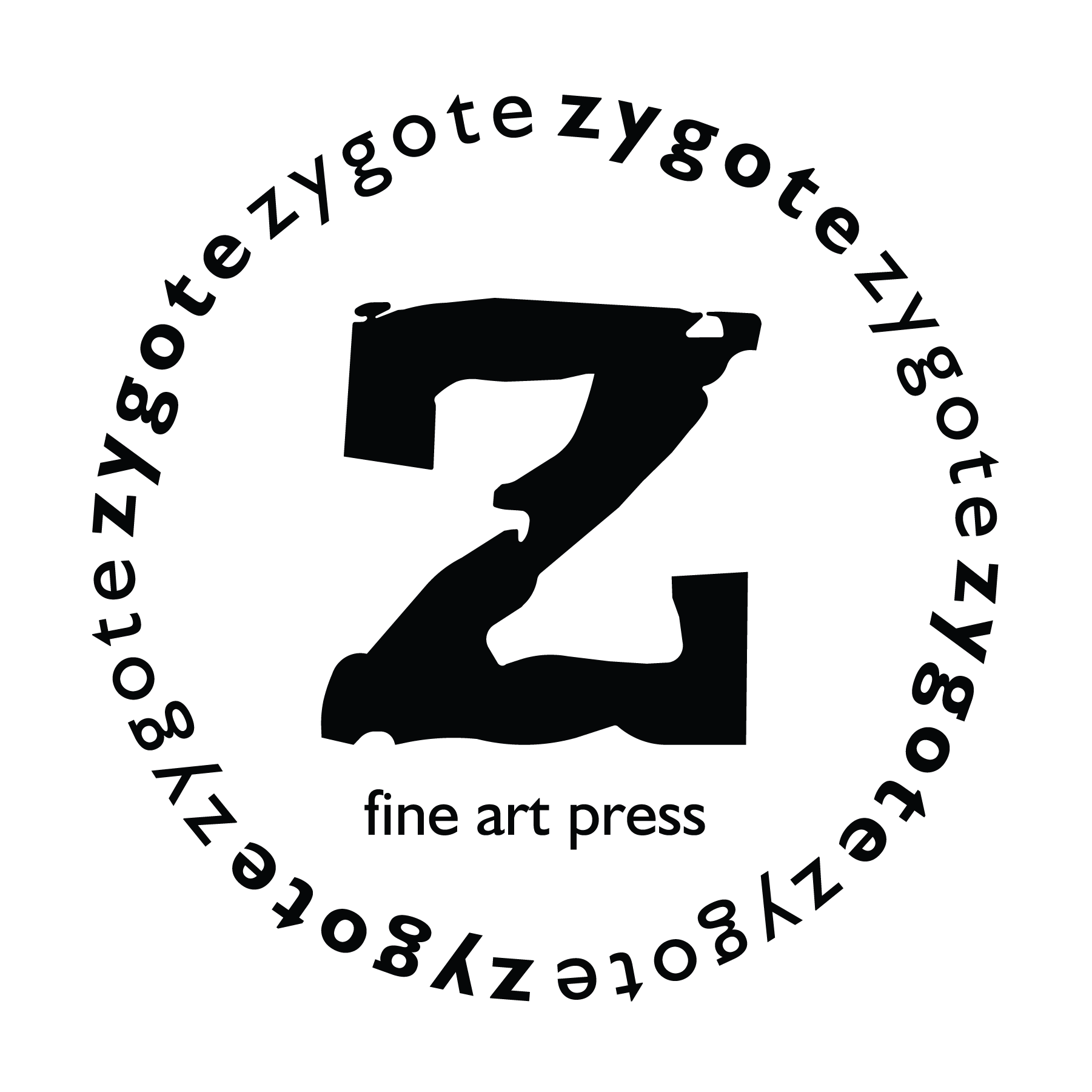 Black circular logo with the letter G and a small bird silhouette, surrounded by the words "zotele zgote zy" and "fine art press".