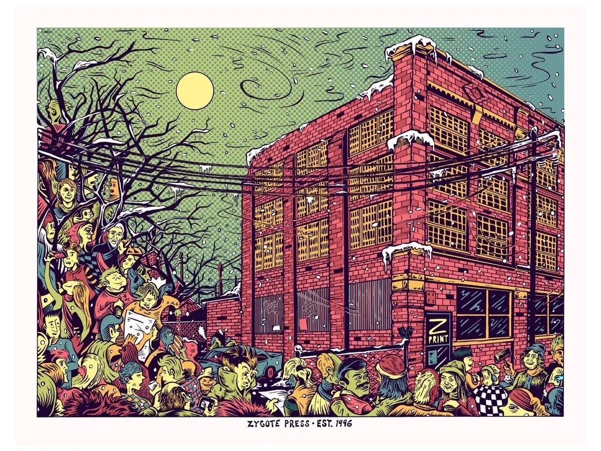 Illustration of a crowded street scene outside Zygote's previous brick building with glowing windows, snow on the ground, and leafless trees at night with a full moon in the sky.