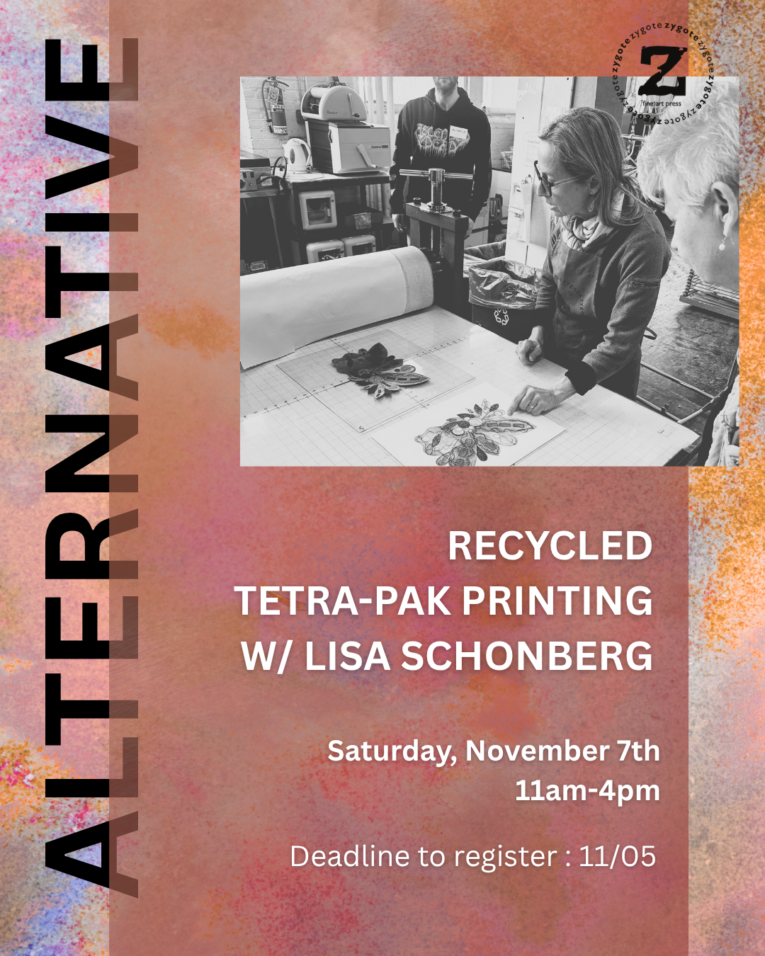 Reddish brown flyer for a printmaking workshop with Lisa Schonberg.