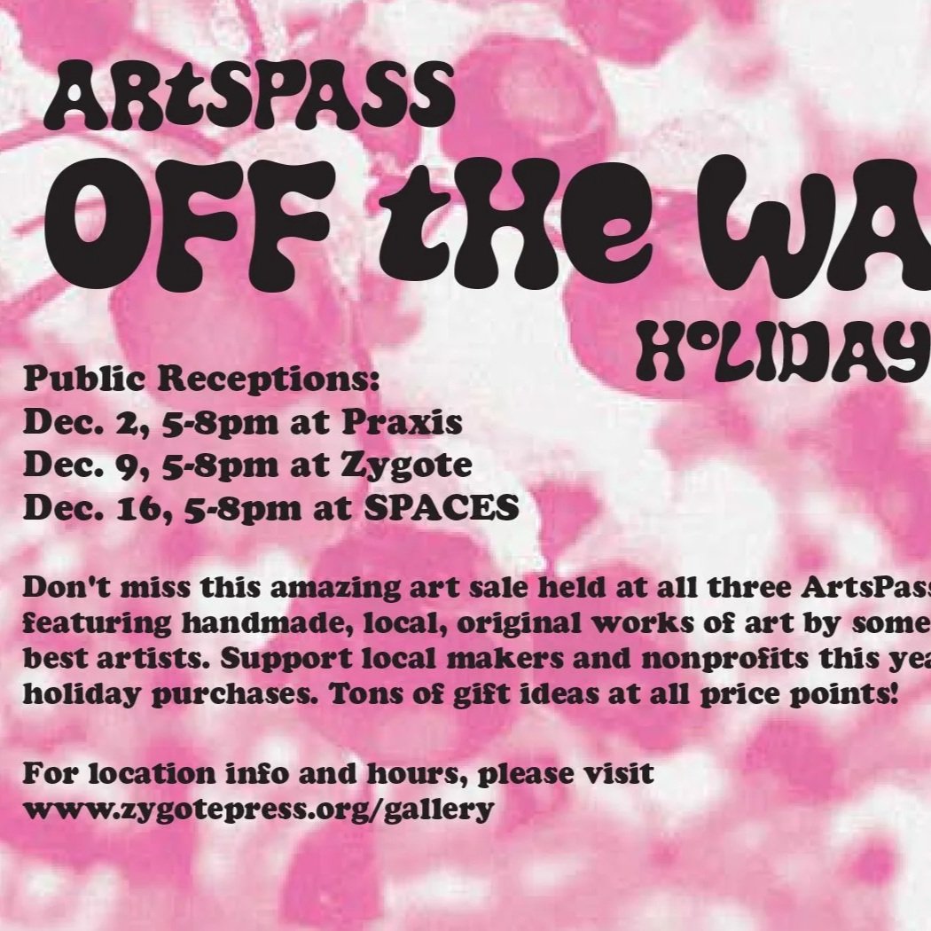 Pink and white tie-dye style background with black text advertising ArtPass off the wall holiday public receptions on December 2, 9, and 16, details about locations and times, and a mention of supporting local artists and finding gift ideas.