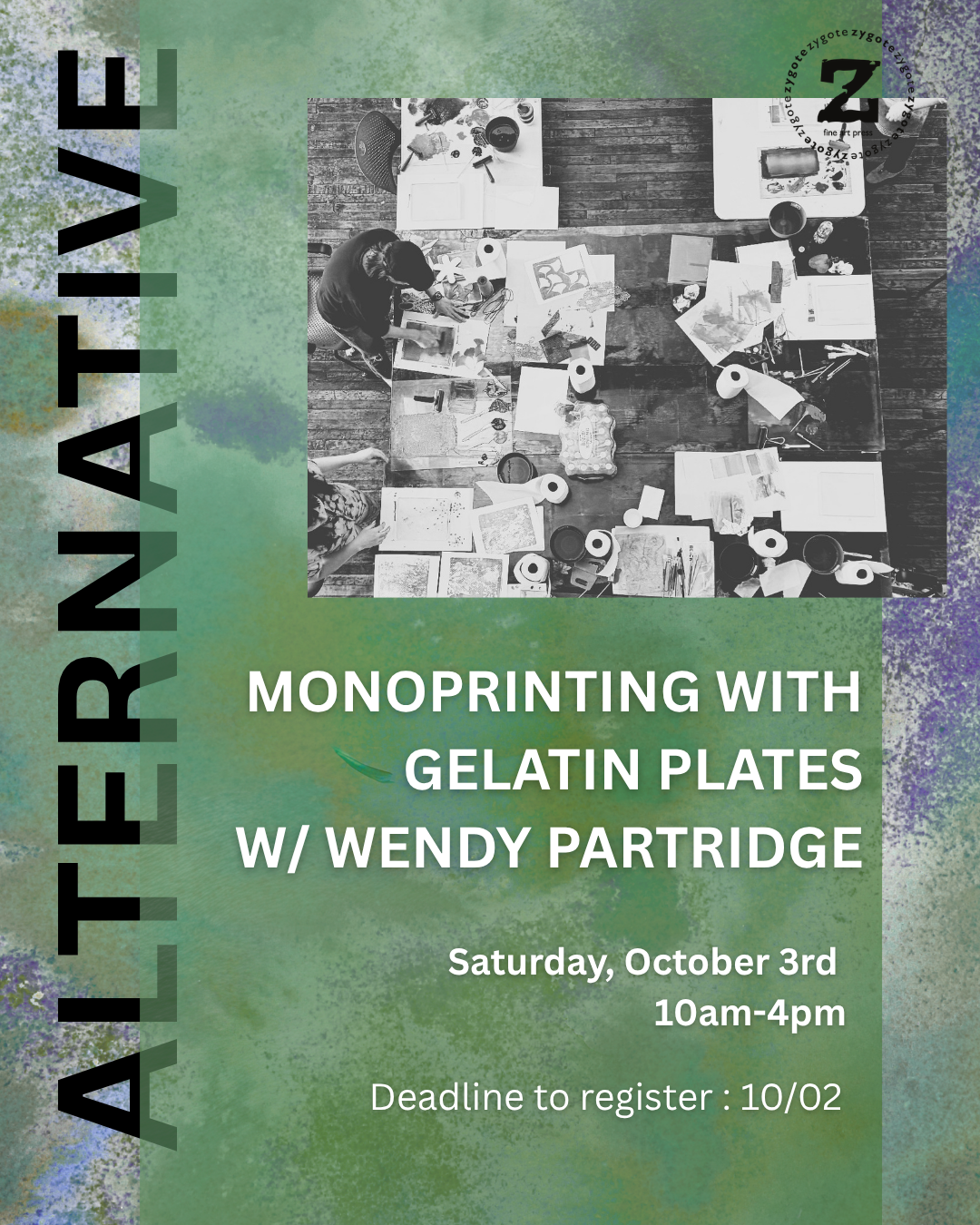 Green advertisement for a printmaking workshop with artist Wendy Partridge.