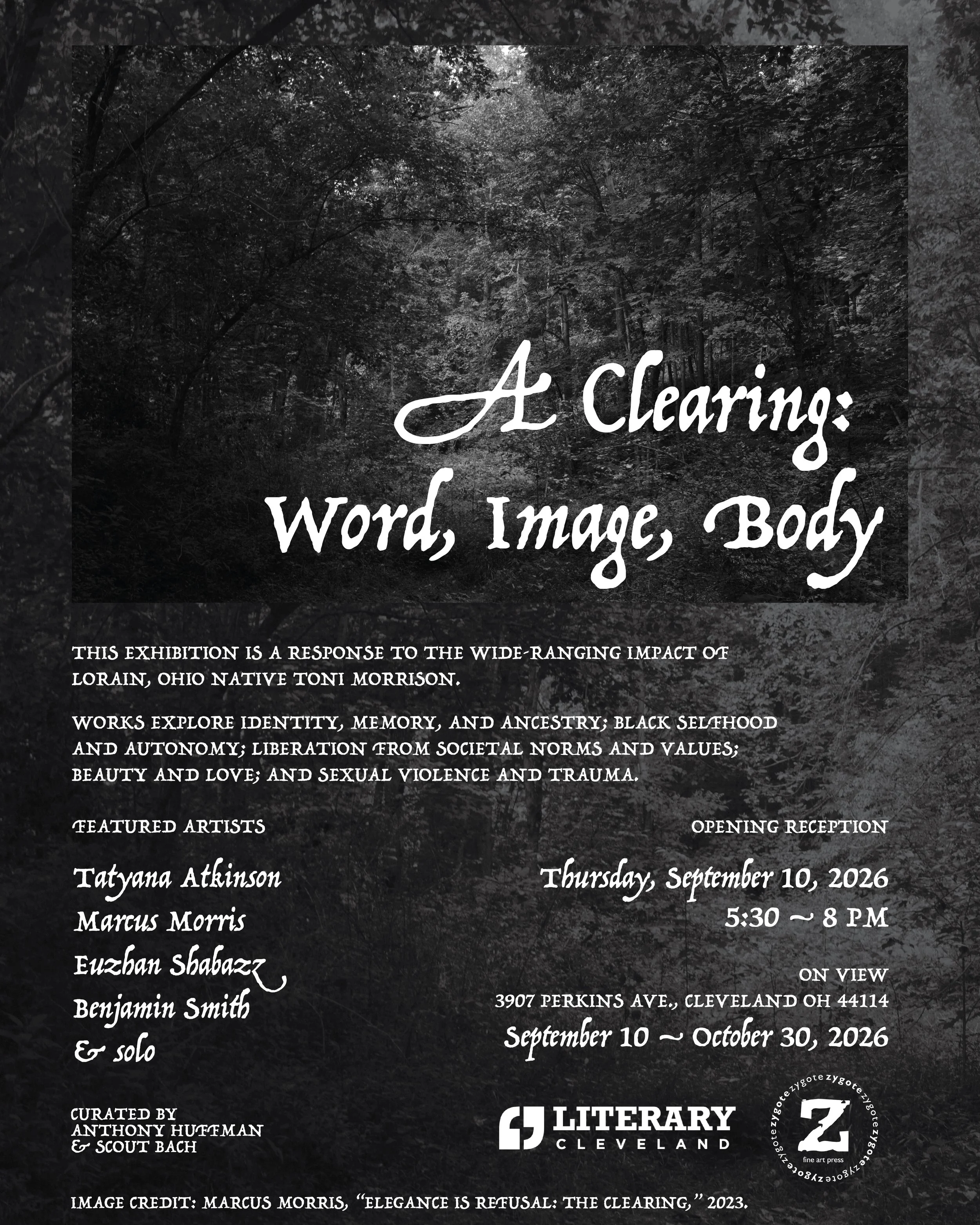 Black and white flyer for Zygote Press's gallery exhibition honoring Toni Morrison