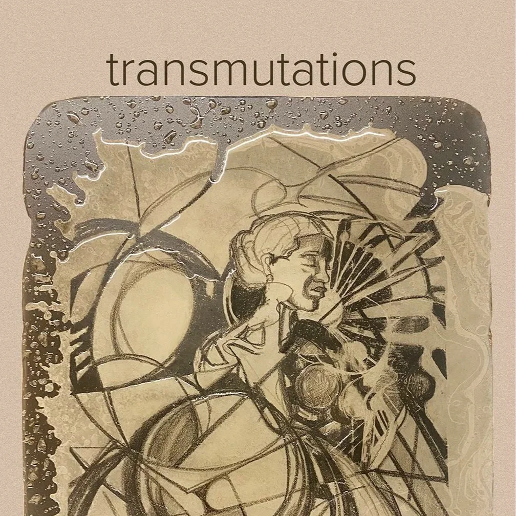 Sketch of a woman holding a fan, with abstract shapes and leaves in the background, labeled 'transmutations' at the top.