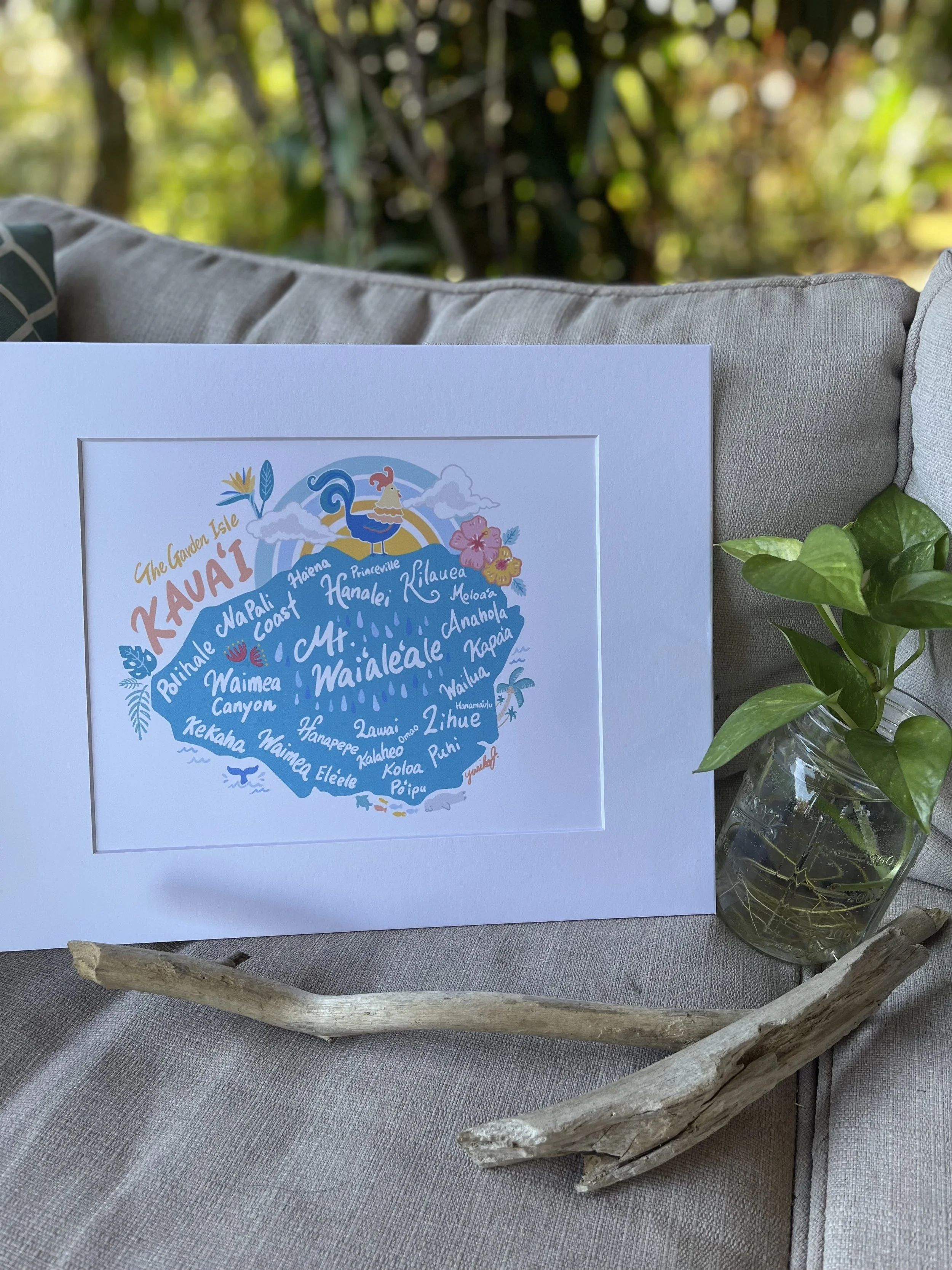 "Kawaii Kauai Map-White" Print - 8x10" print (mounted on mattboard - finished size including mattboard is 11x14")