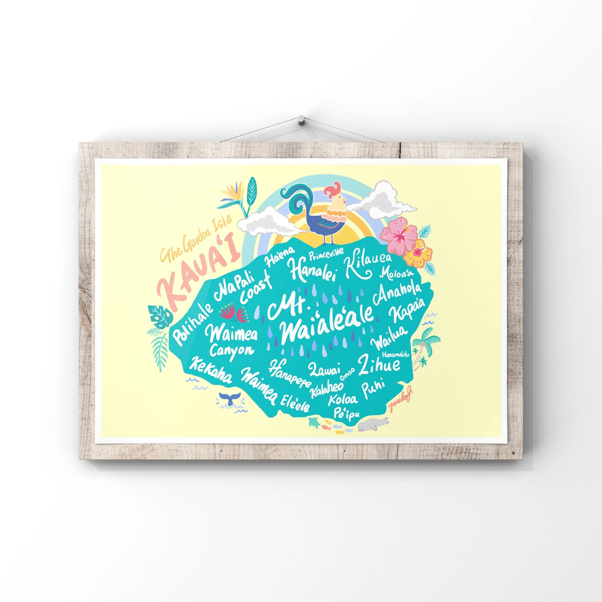 "Kawaii Kauai Map-Yellow" Print - 8x10" print (with white mattboard - finished size including mattboard is 11x14")