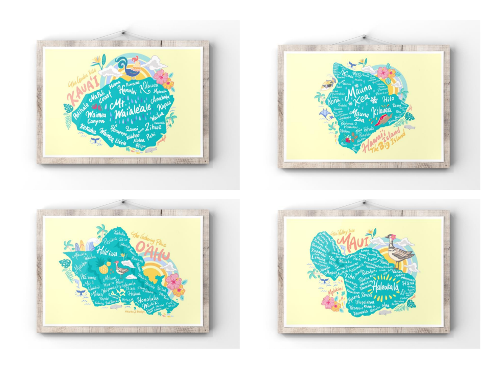 "Kawaii Map : A set of four Yellow" Print - 8x10" print (with  mattboard - finished size including mattboard is 11x14")