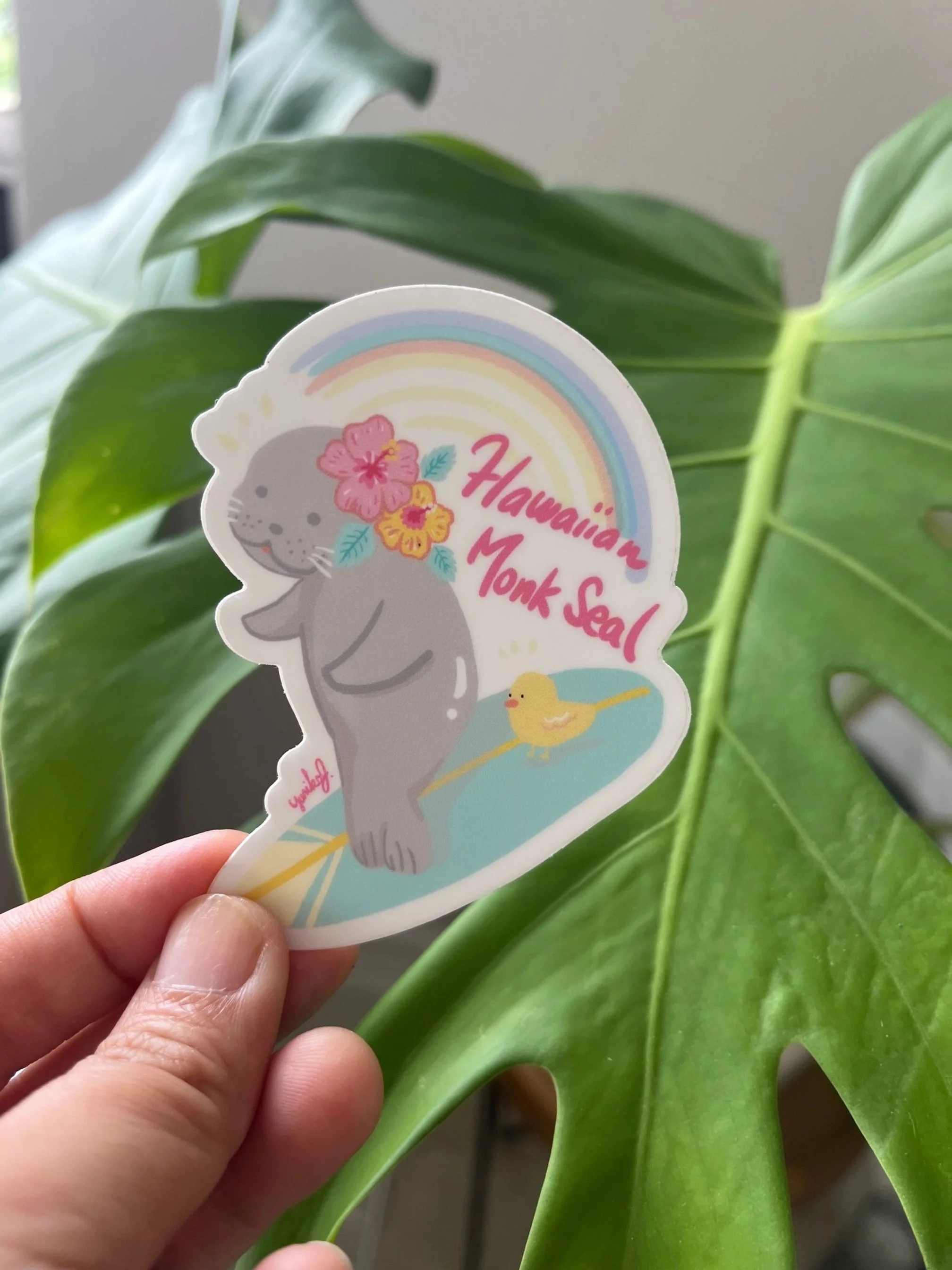 Kawaii Hawaiian Monk Seal Surfer Sticker