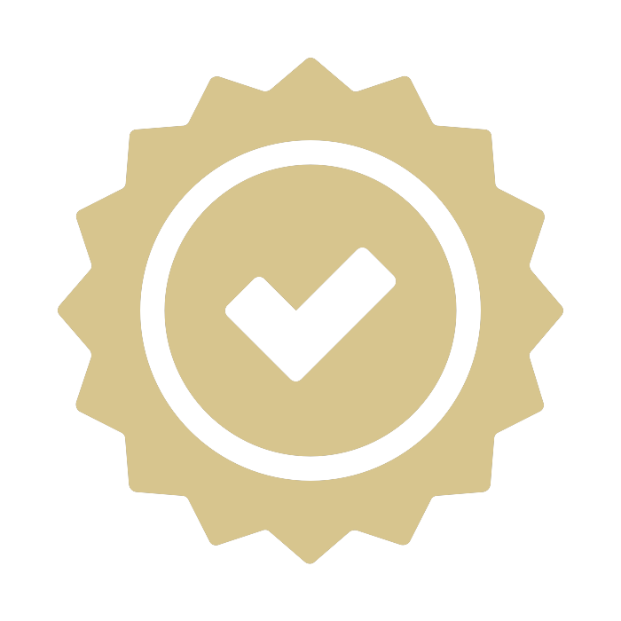 Gold badge with a black checkmark inside a circle at the center.