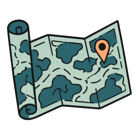 Illustration of a folded map with a location pin marking a destination.