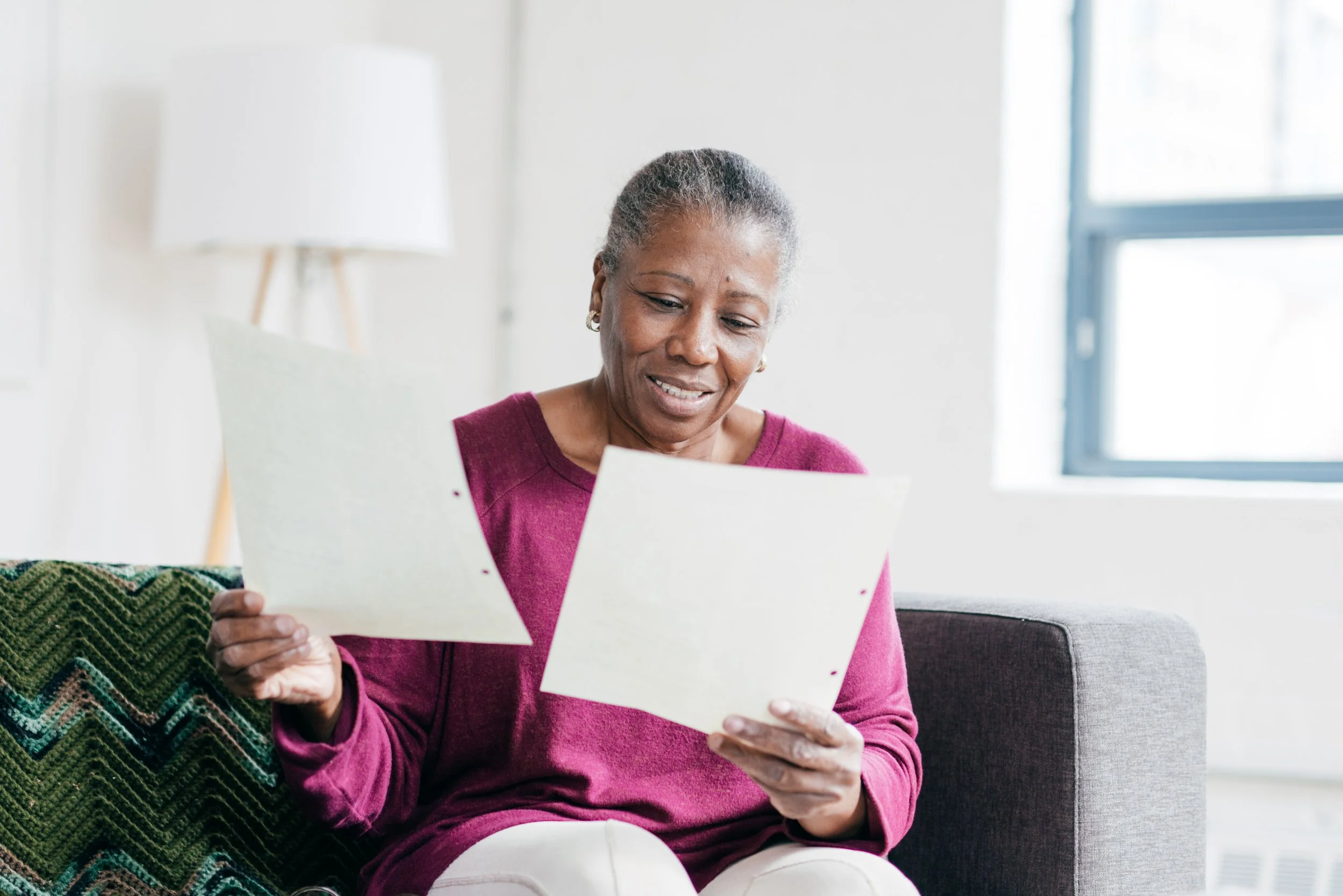 woman looking at report.