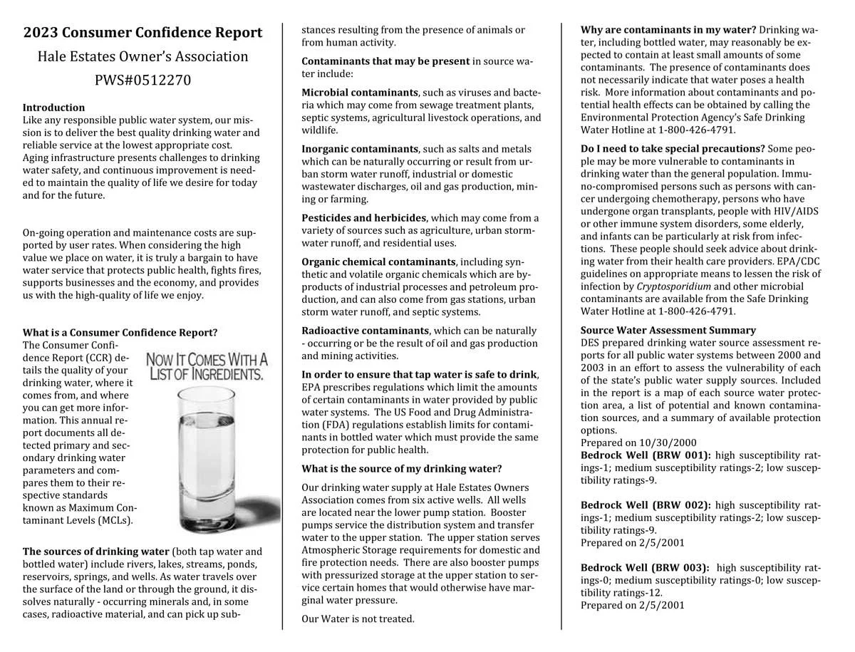 HEOA Consumer Confidence Report — Hale Estates Owners Association