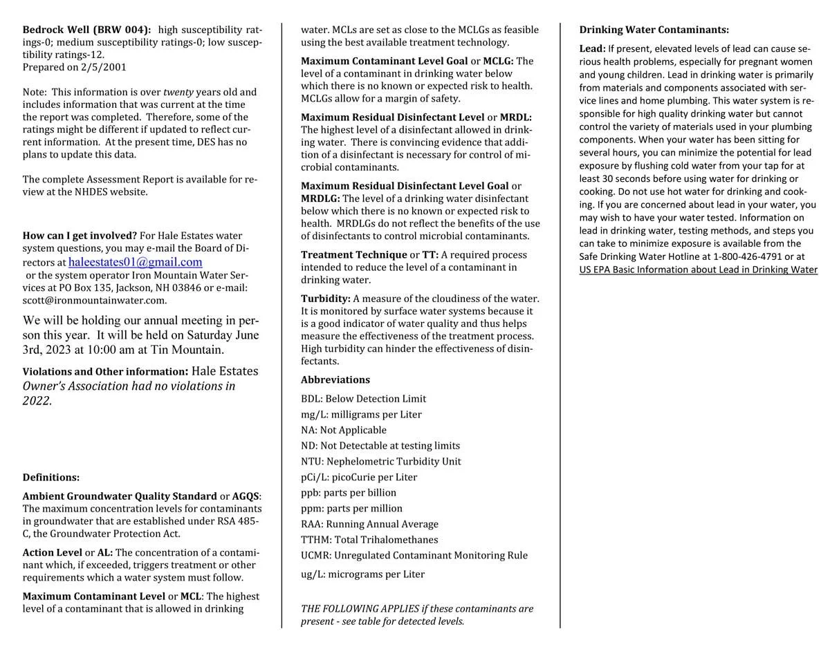 HEOA Consumer Confidence Report — Hale Estates Owners Association