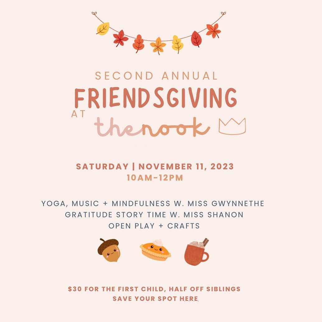 Save the date! 🗓️Our 2nd annual Friendsgiving will be on Saturday 11/11 from 10am - 12! 🍂

Tag a friend you&rsquo;d love to bring + reserve your spot now! We can&rsquo;t wait to see you there 🤗