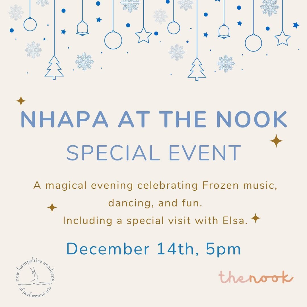 NHAPA @nhacademy is back at the nook for this super cute and fun elsa pop up!

join us on thursday, dec 14th from 5-6 pm for a hour filled with snowballs, frozen sing alongs and a character meet and greet/photo op with queen elsa herself. just $10/ki