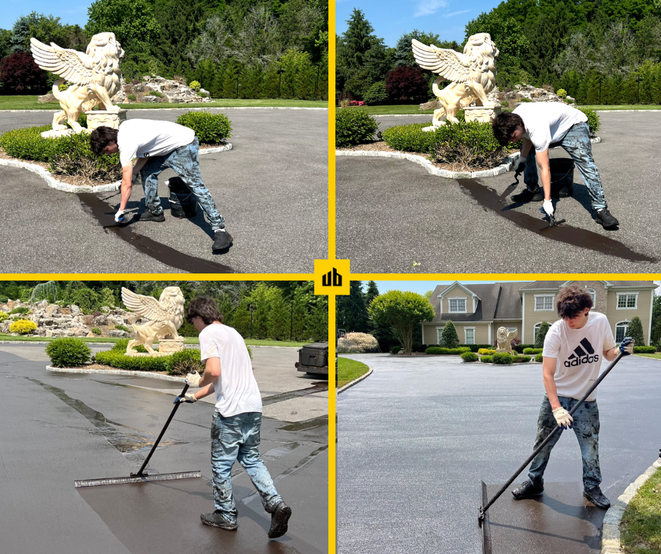 A person spraying and leveling fresh asphalt on a driveway near a decorative lion statue with wings. The person is seen spreading the asphalt with a rake in two of the images, and smoothing it with a roller in another, in front of a suburban house and lush greenery.