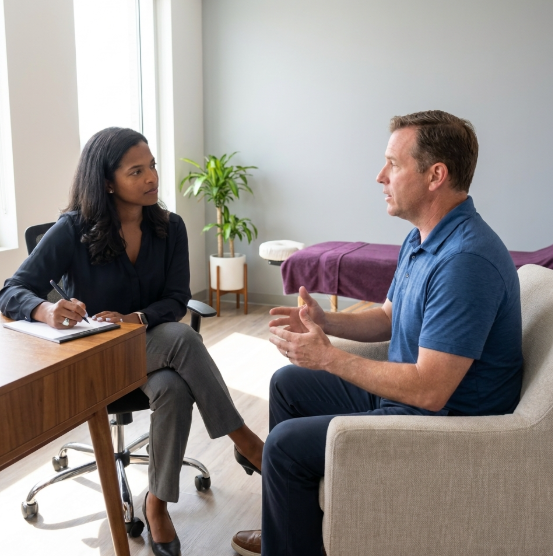 Patient working with a provider at a performance physical therapy clinic in Arlington, VA during an initial evaluation consultation