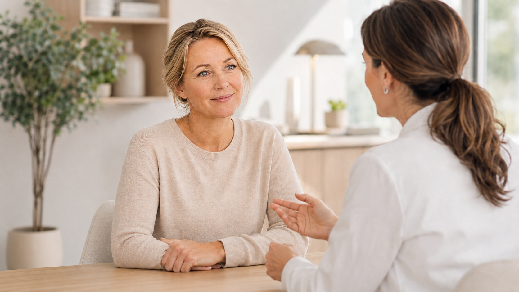 Woman sitting at a table with a Zen Therapy audiologist getting  a consultation on tinnitus treatment.