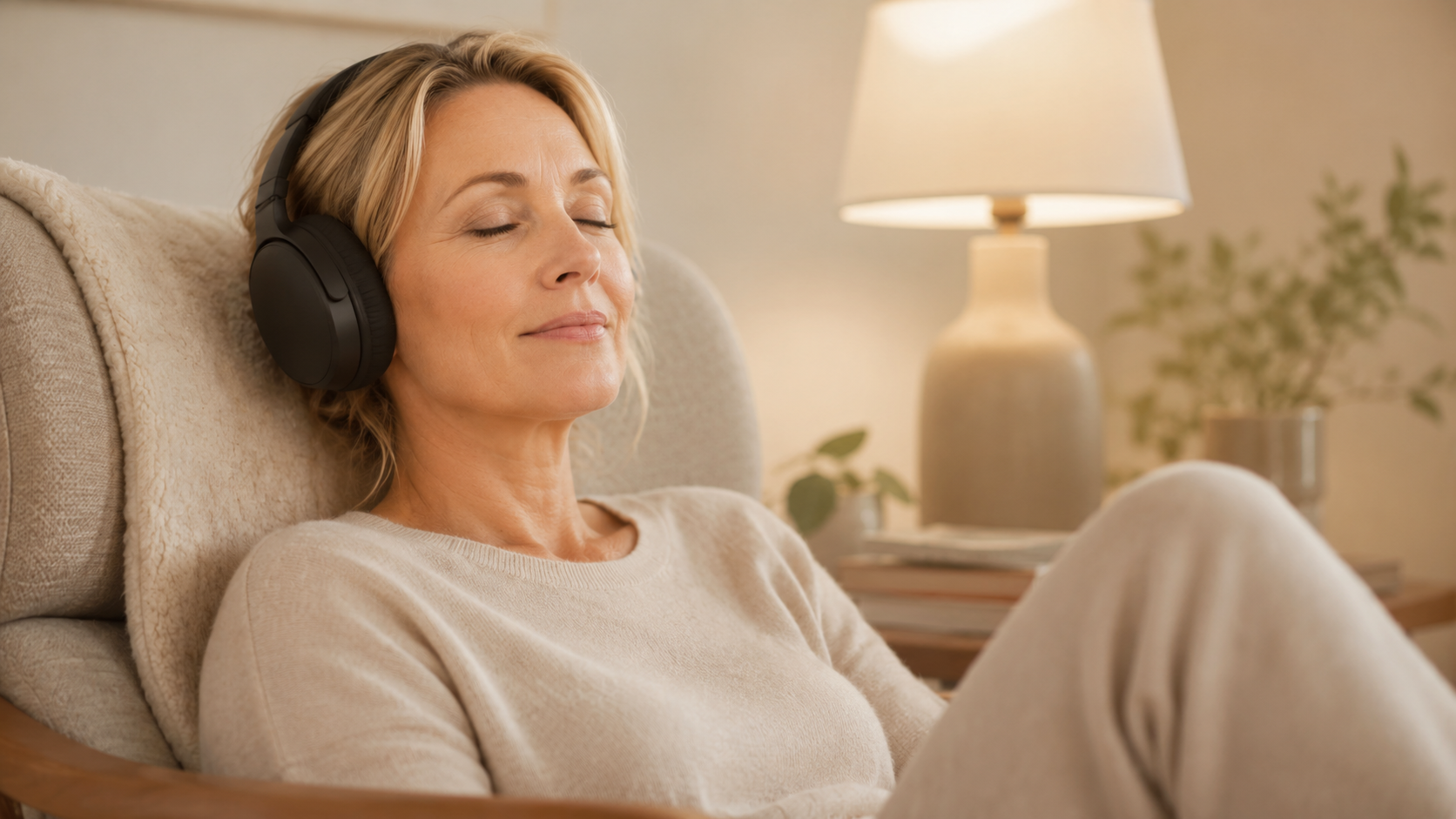 Woman relaxing  in a chair with headphones on listening to Zen tones.