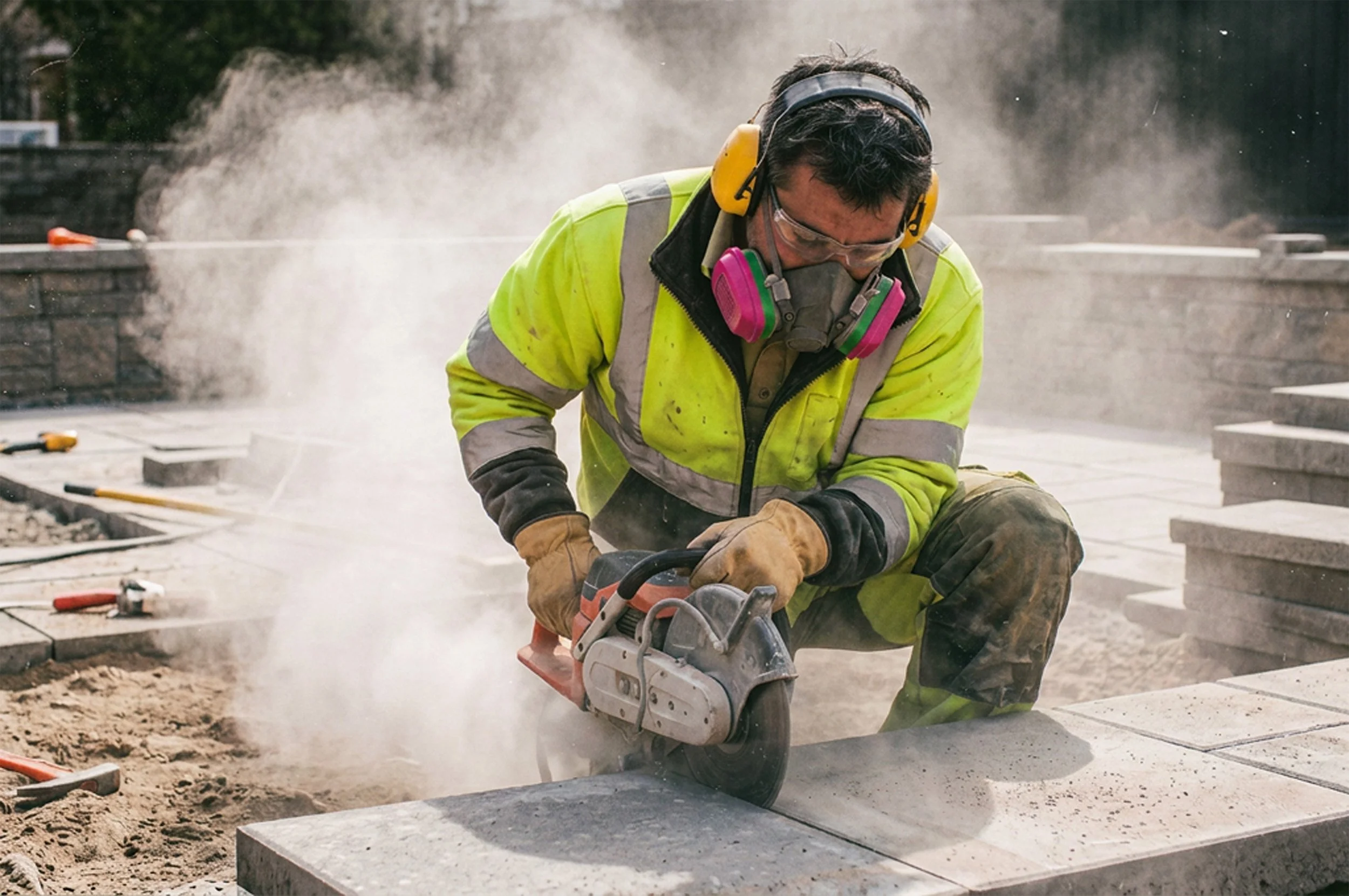 Construction worker wearing a half-face respirator while cutting concrete in a dusty work area