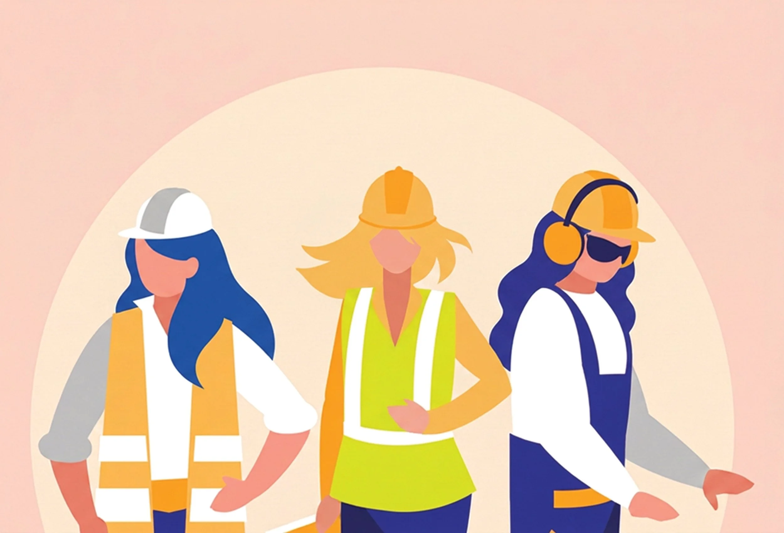 Illustration of women in construction wearing hard hats and safety gear