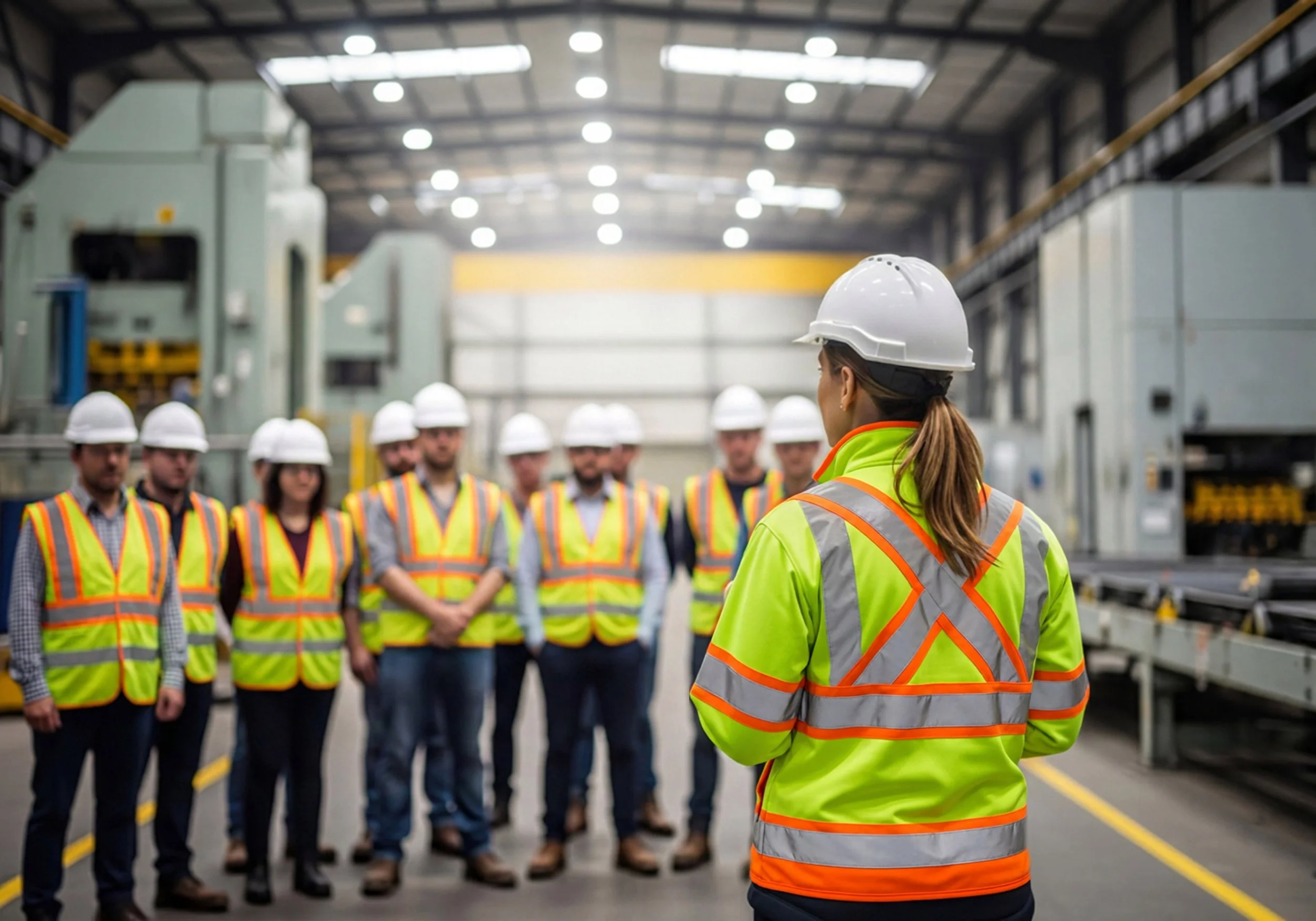 Safety instructor speaking with workers in an industrial environment