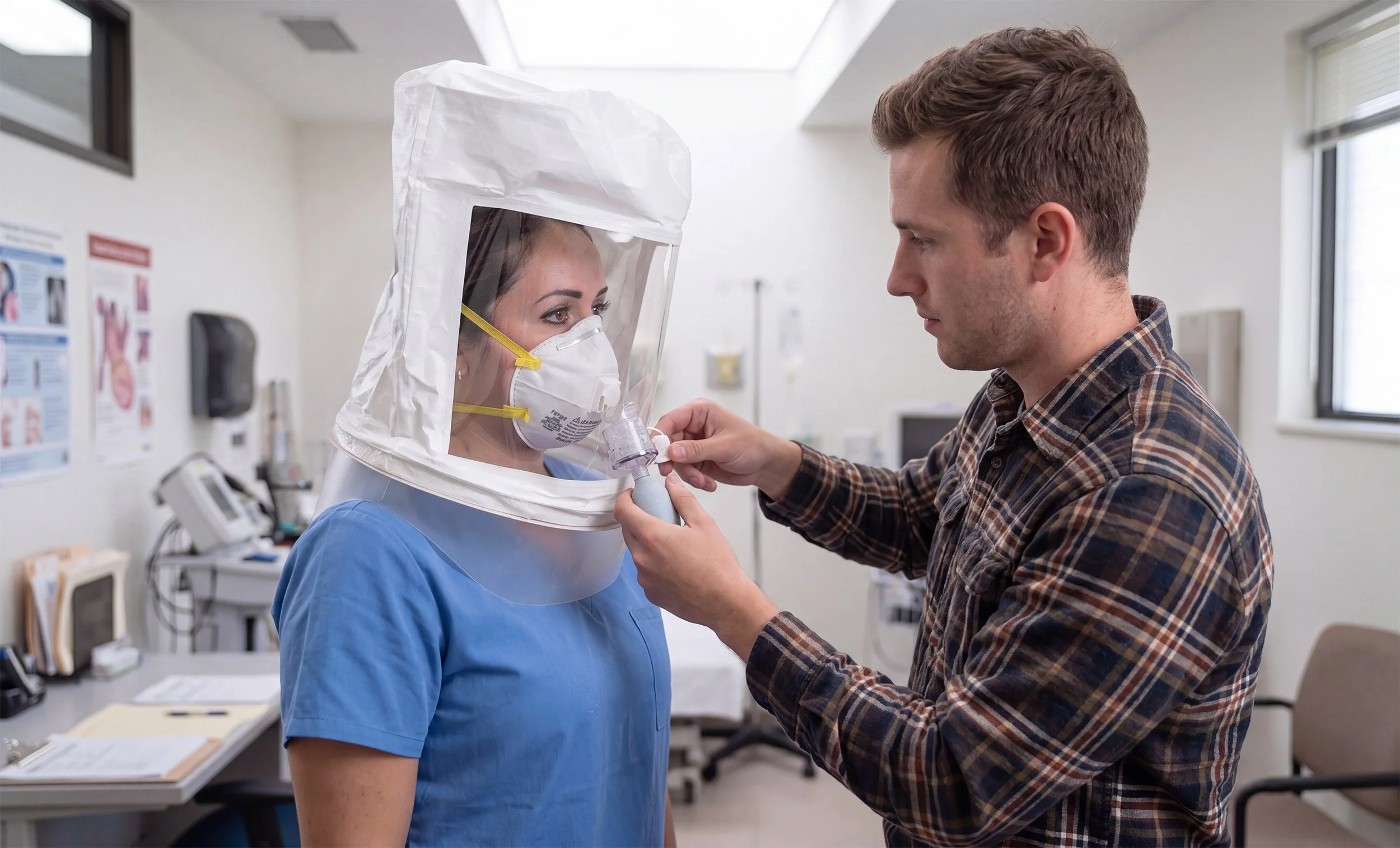 Healthcare worker wearing an N95 respirator during a qualitative fit test using a test hood