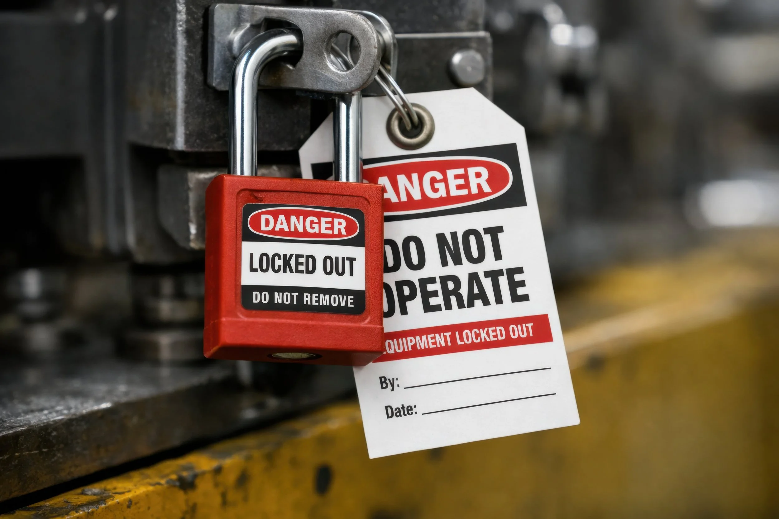 Red lockout padlock and do-not-operate tag attached to industrial machinery