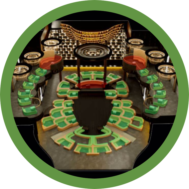 Interior view of a casino with roulette tables, green chairs, and neon lighting.